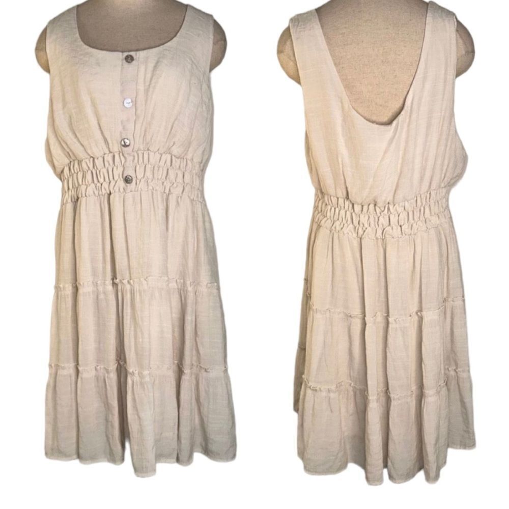 AUW‎ Womens 2X Oatmeal Cream Sleeveless Tiered Babydoll Mini Dress Prairie